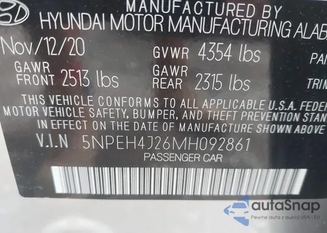 2021 Hyundai Sonata Limited z USA, uszkodzony, nr VIN 5NPEH4J26MH092861
